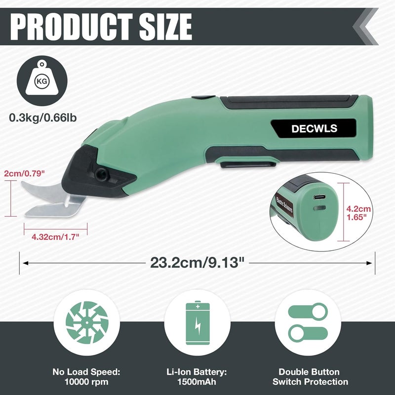 Decwls Cordless Electric Scissors for Fabric, 4V Rechargeable Cardboard Scissors with 3 Replaceable Sharp Blades, Electric Shears for Cutting Fabric, Cardboard, Carpet, Leather, Felt - Image 2